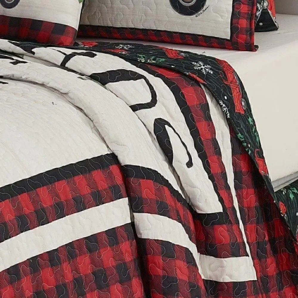 NEW! Farmhouse Old Red Truck Buffalo Plaid Quilt Set Country Christmas Tree Farm